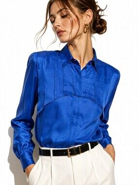 Francesca of Damon 100% Silk Royal Blue Pleated Blouse Vintage 80s Size 6